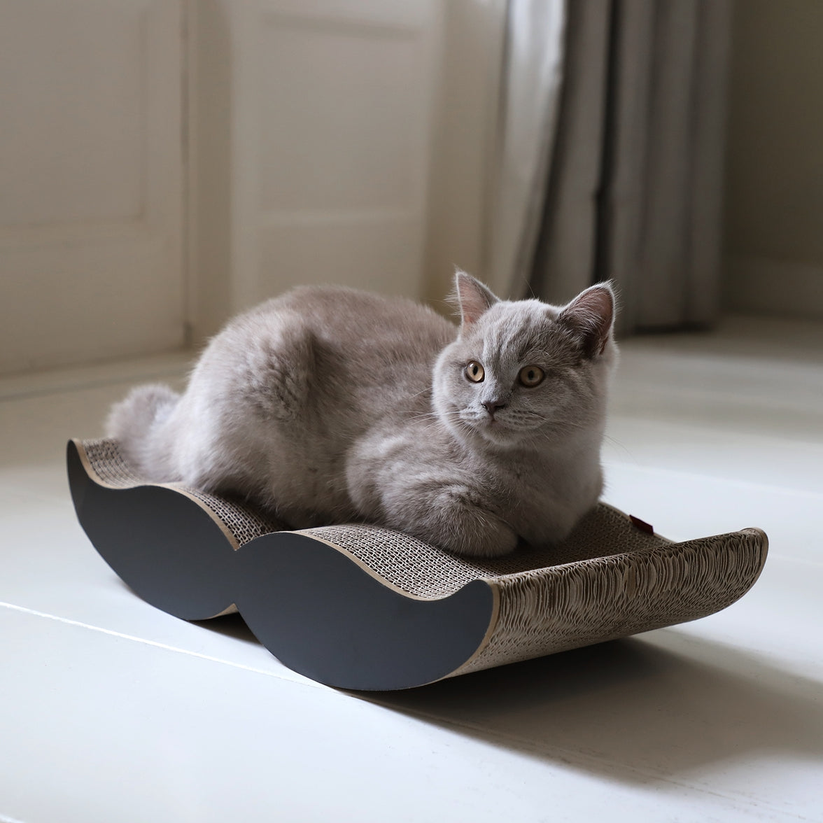 Eco-friendly cat scratcher with playful moustache design