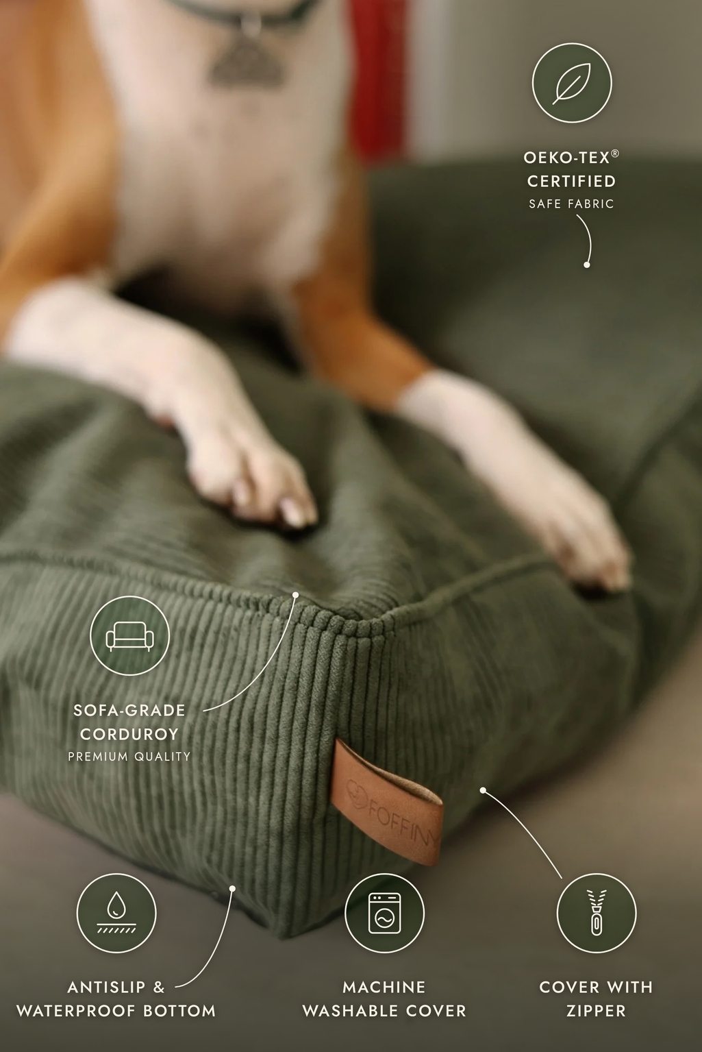 Large Rectangular Dog Bed CORY by FOFFINY — Washable Cover