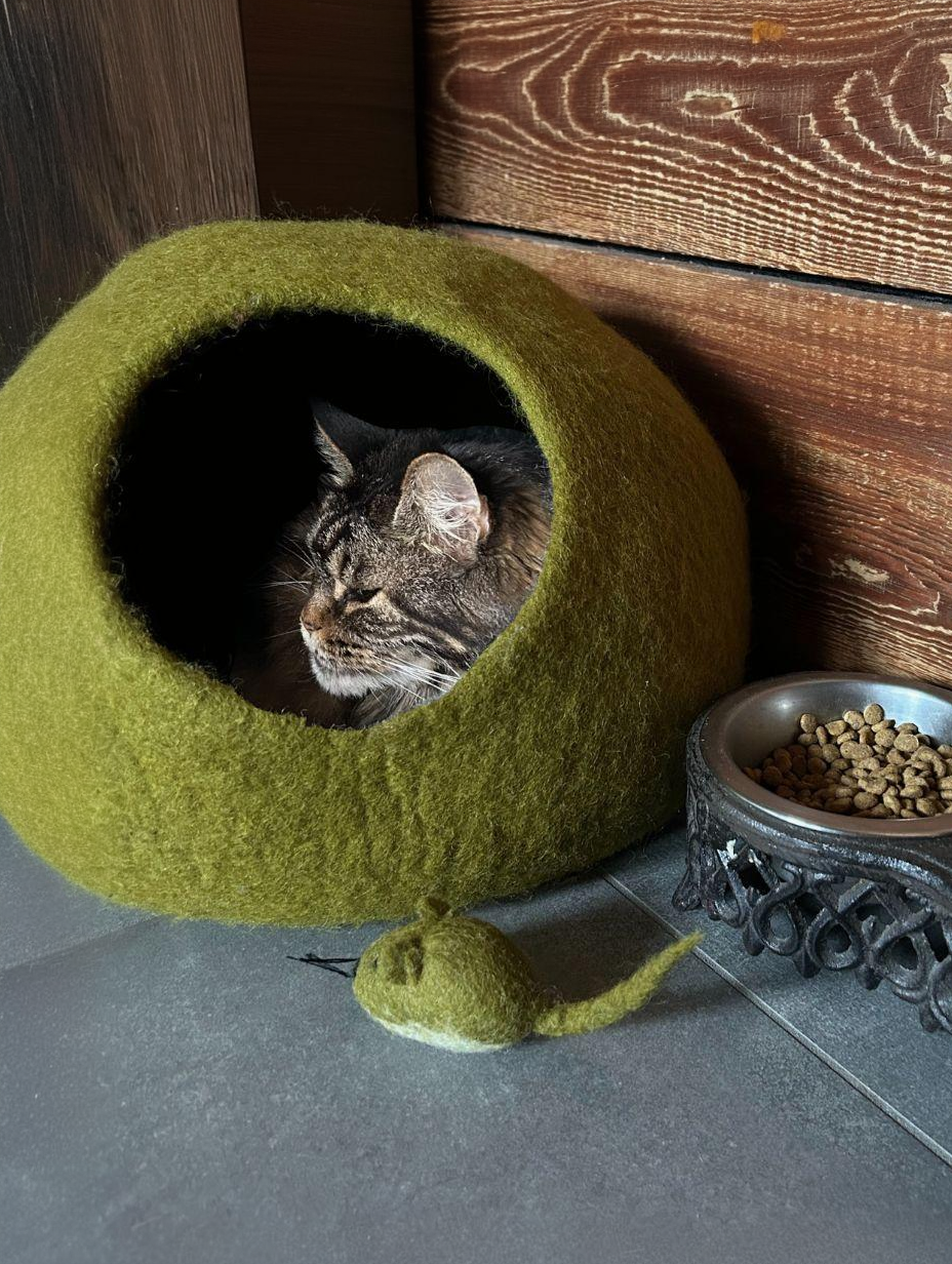 Eco-friendly wool pet bed with pebble-inspired shape