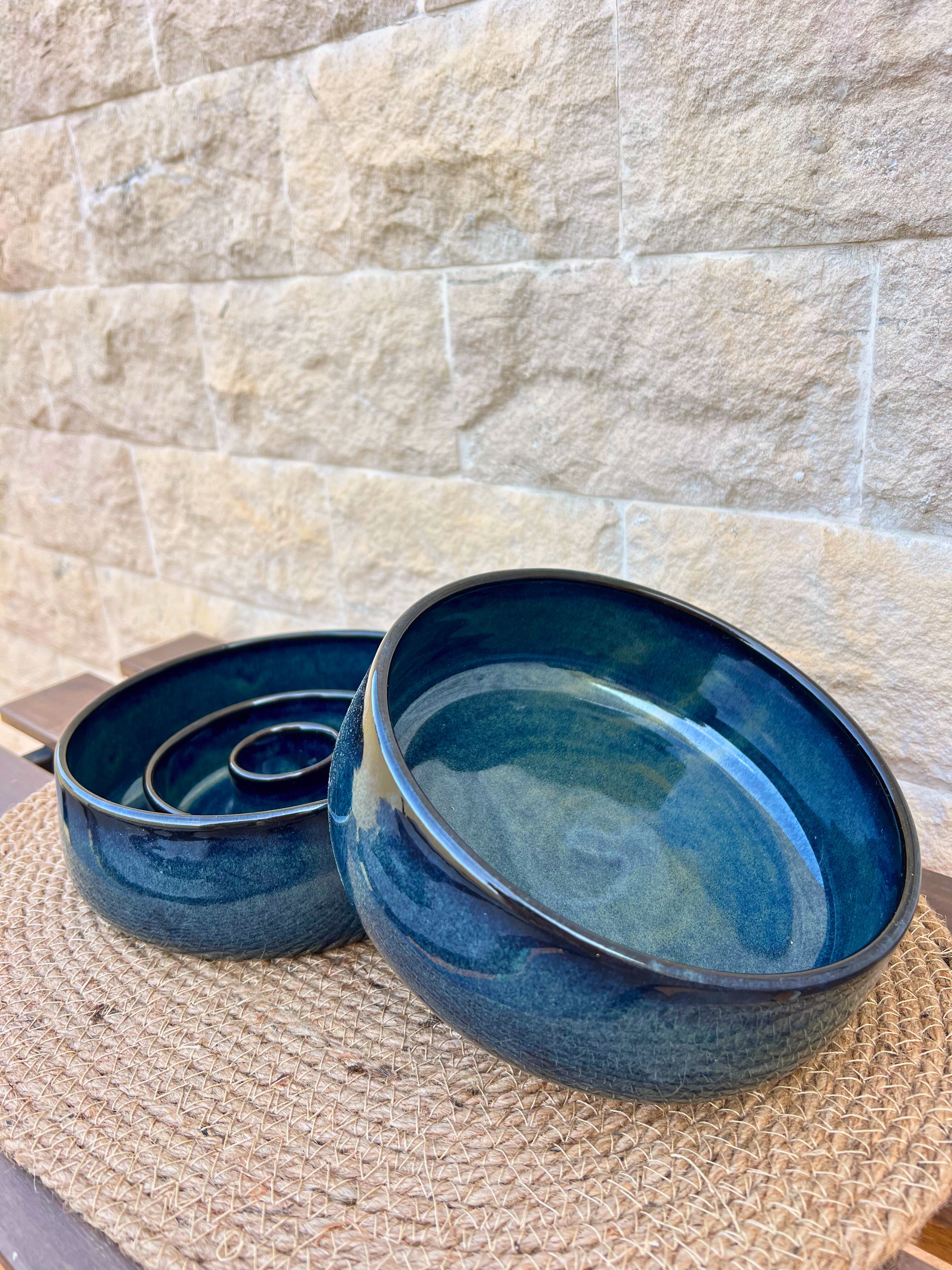 cosmic blue ceramic slow feeder bowl for dogs