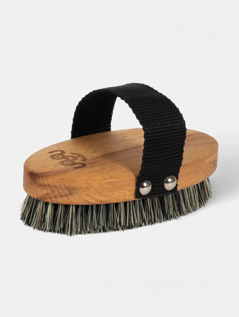 Natural bristle wooden dog brush in hand, showing soft natural fiber bristles used for gentle dog massage and shiny coat promotion.
