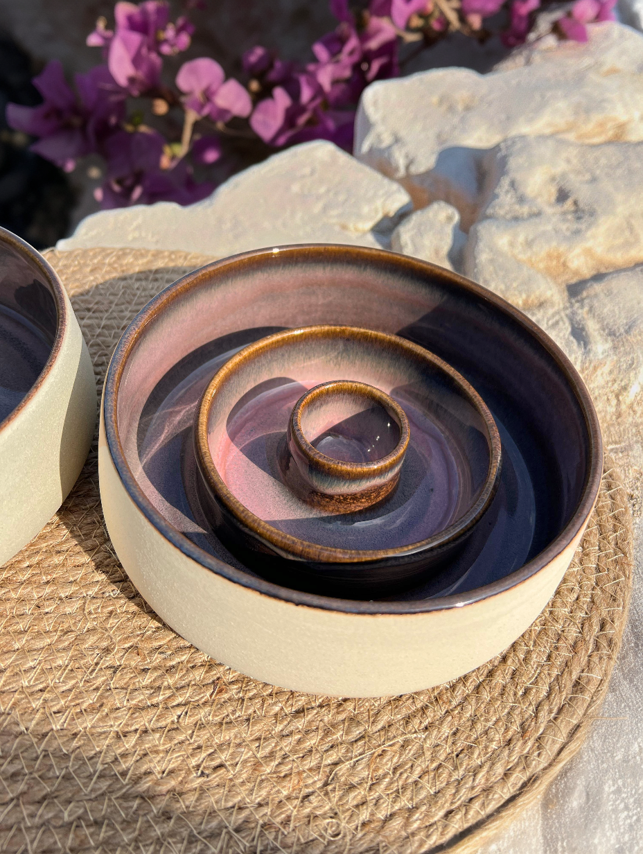 Handmade pink stoneware slow feed bowl for pets